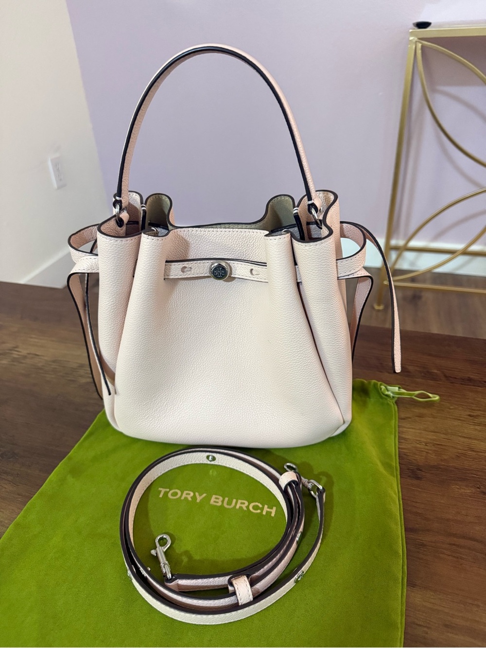 Tory Burch Romy Pebbled Leather Crossbody Bag in Soft Pink